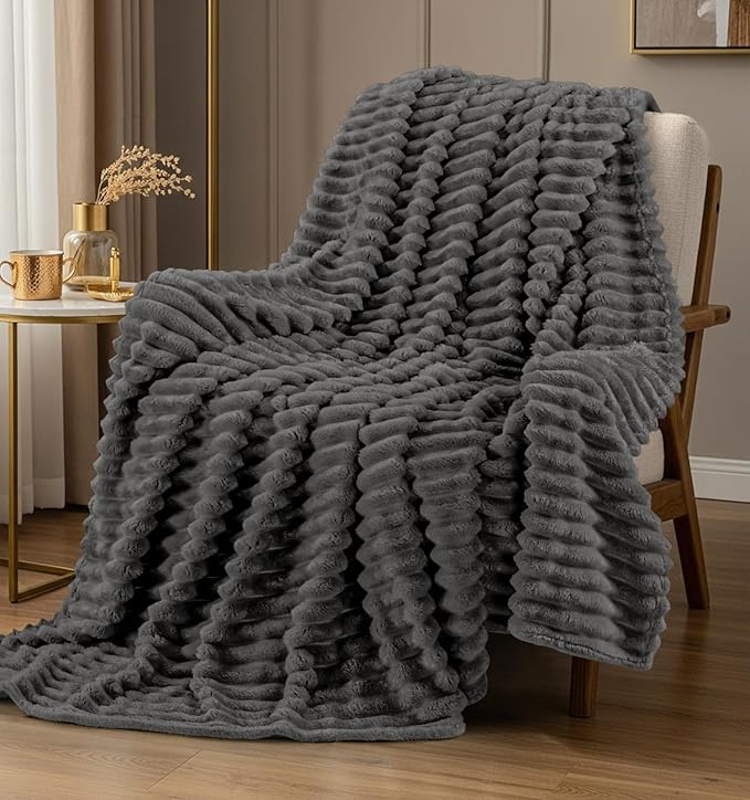 Utopia Bedding Grey Striped Fleece Blanket Twin Size – Fluffy, Warm & Lightweight Ribbed Throw for Bed, Sofa & Chair - Soft Cozy Blanket for Home Décor & Gifting (60x80 Inches)
