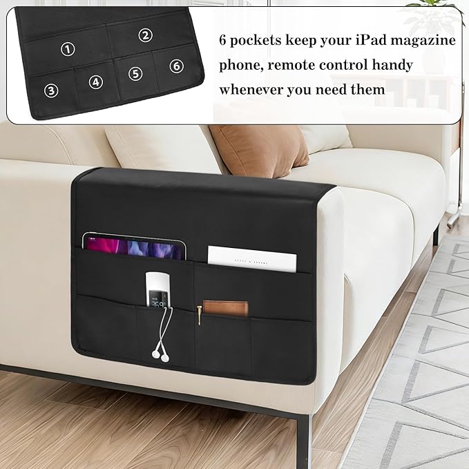 PU Leather Couch Organizer Caddy Sofa Armrest Organizer, Remote Control Holder for Recliner, Waterproof Armchair Caddy with 6 Pockets Storage for Magazine, Tablet, Phone, Remote (Black)