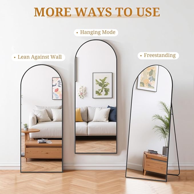 Full Length Mirror 56"x21" Full Body Mirror Arched Free Standing Wall Mounted Leaning Floor Mirrors with Stand Aluminum Alloy Frame for Bedroom Cloakroom, Black
