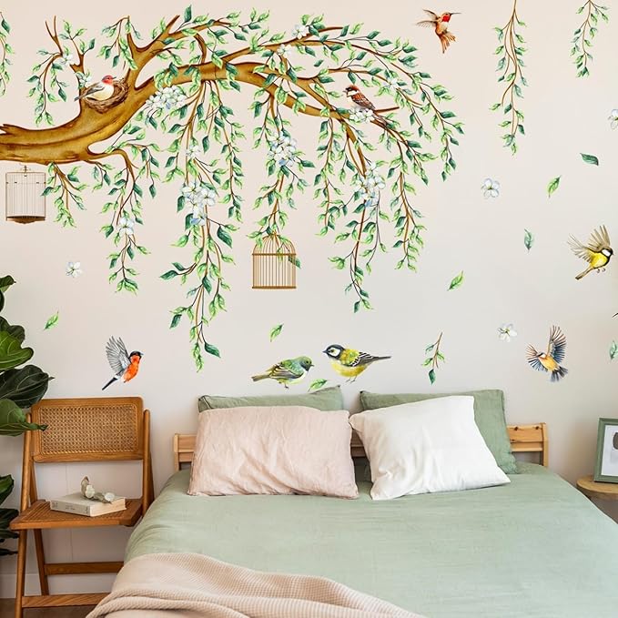 Large Green Tree Wall Decals, 4 Sheets Hanging Vine Tree Wall Decals Peel and Stick Waterproof Leaves Branch Wall Murals Decor for Living Room Bedroom (Green Vine, 11.8 * 35.4inch)