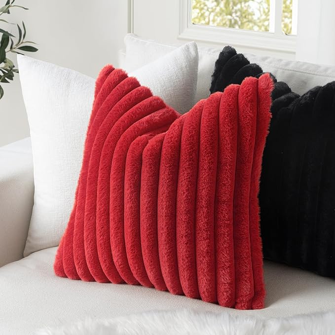 MIULEE Faux Fur Decorative Throw Pillow Covers 18x18 Inch Set of 2, Modern Spring Home Decor Soft Plush Couch Pillows Cozy Fluffy Cushion Covers for Sofa Bed Red