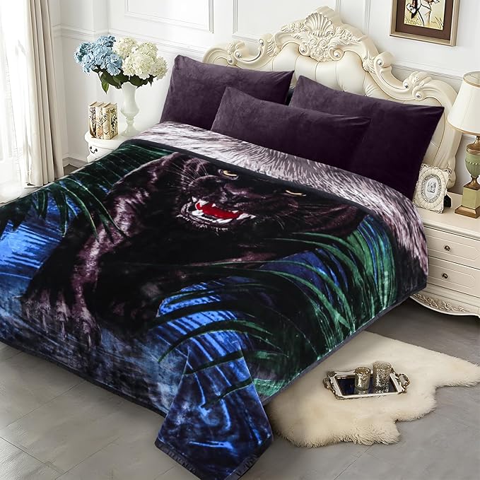 JYK Soft Fleece Bed Blanket King Size 5.7 LB, Korean Style 2 Ply Reversible Fluffy Flannel Blanket Microfiber, Warm Cozy Blanket for Autumn, Winter 83x91 Inches - Black Panther/Lion