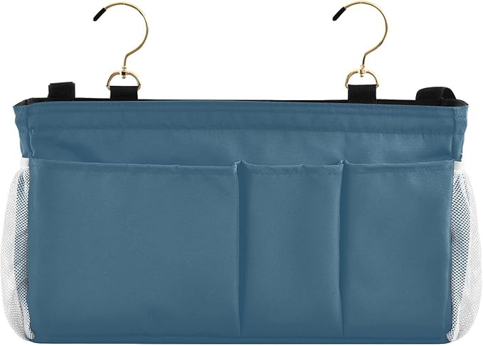 DOMIKING Caribbean Blue Bedside Caddy for Dorm Bed Recliner Armrest Organizer with Hooks Haning Storage Pockets for Bunk Bed Headboards Rails