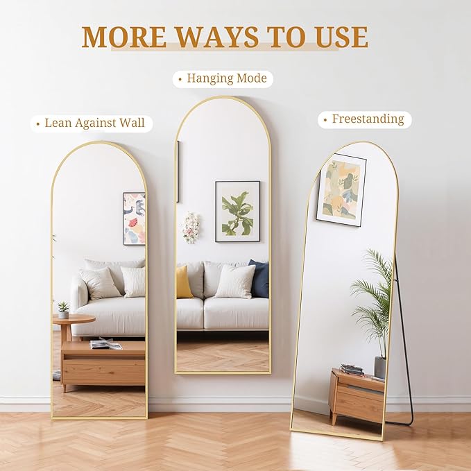 Full Length Mirror 58"x19" Full Body Mirror Arched Free Standing Wall Mounted Leaning Floor Mirrors with Stand Aluminum Alloy Frame for Bedroom Cloakroom, Gold