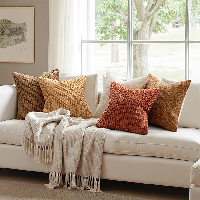 MIULEE Rust Throw Pillow Covers Soft Corduroy Decorative Set of 2 Boho Striped Pillow Covers Pillowcases Farmhouse Home Decor for Couch Bed Sofa Living Room 22x22 Inch