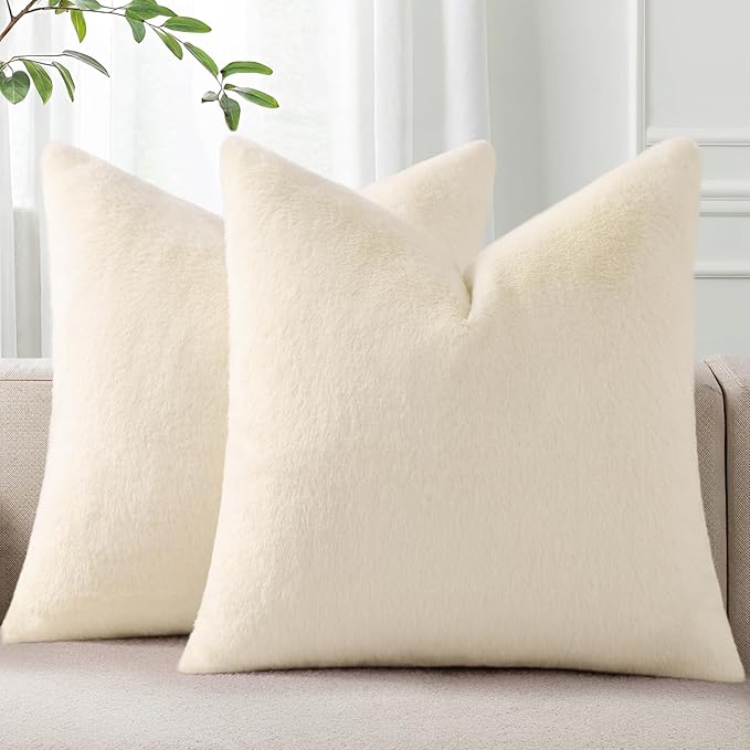 Pallene Faux Fur Plush Throw Pillow Covers 16x16 Set of 2, Soft Fluffy Couch Pillow Covers for Living Room, Beige