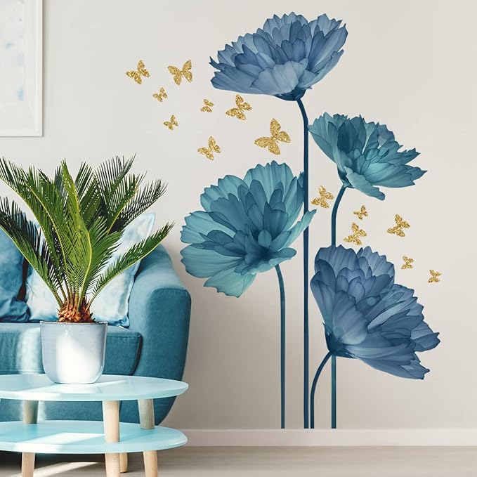 Runtoo Large Blue Flower Wall Decals Butterfly Floral Wall Stickers Backdrop for Living Room Bedroom Bathroom Wall Decor