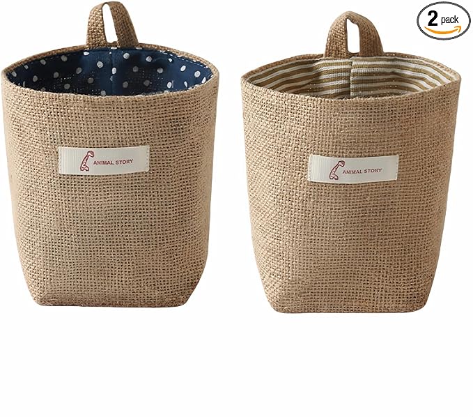 Washable Cotton Linen Hanging Organizer Bag for Door Wall Bedside | Washable Storage Pockets | Space Saving ，Reusable Closet Organizer (2Pack) (Deep blue dots+yellow stripes)
