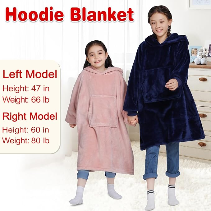 Waitu Wearable Blanket for Kids, Wearable Blanket Hoodie for Teens Girls Boys, Warm Blanket Sweatshirt Gift for Teenage, Hoodie Blanket with Sleeves - Navy
