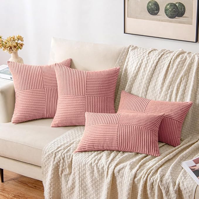 MIULEE Blush Pink Decorative Lumbar Throw Pillow Covers 12x20 Inch for Couch Bed Sofa Valentines Day Pack of 2 Boho Farmhouse Throw Pillows Soft Cross Corduroy Patchwork Textured Cushion Cases