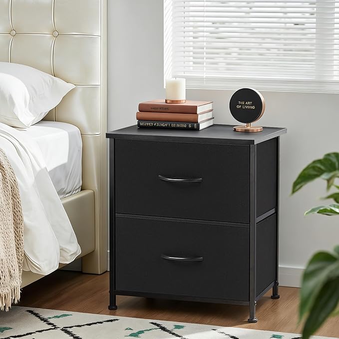 Nightstand Upgraded, Small 2 Drawer Dresser End Table Bedside Furniture, Wooden Top Fabric Bins for Bedroom, Closet, Entryway, Dorm, 11.8" D x 18" W x 20", Charcoal Black