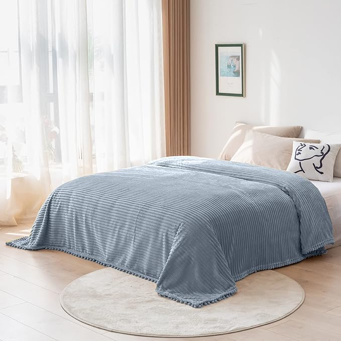 DISSA Fleece Blanket Throw Size – 51x63, Grey – Soft, Plush, Fluffy, Fuzzy, Warm, Cozy – Perfect Throw for Couch, Bed, Sofa - with Pompom Fringe - Flannel Blanket Throw Blanket