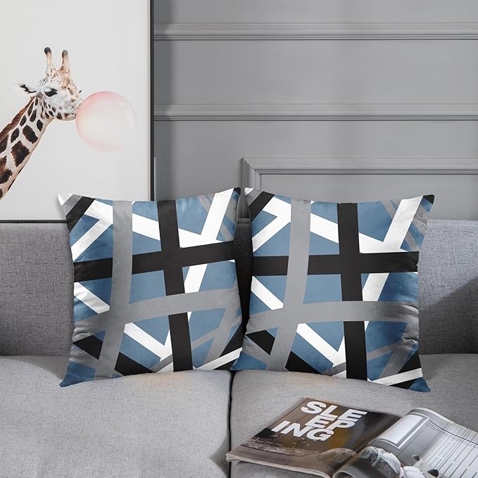 Emvency Set of 2 Throw Pillow Cover Blue Grey Stripes Black White Design Retro Decorative Pillow Case Striped Home Decor Square 18x18 Inch Cushion Pillowcase