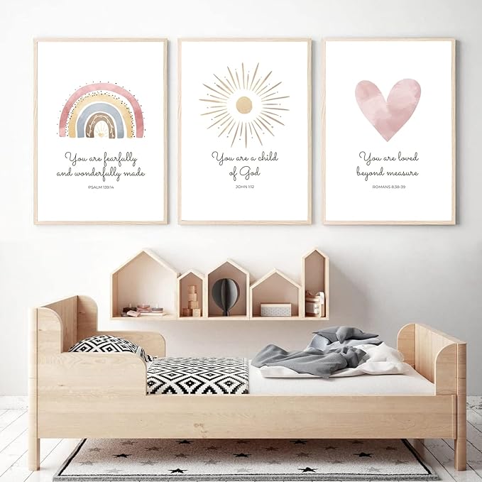 Boho Nursery Wall Art 3 Pieces Bible Verse Nursery Art Christian Girls Nursery Wall Art Heart Rainbow Sun Nursery Art Print Boho Sunshine Decor for Girl Baby Kid Room Decor 12x16 Inch Unframed