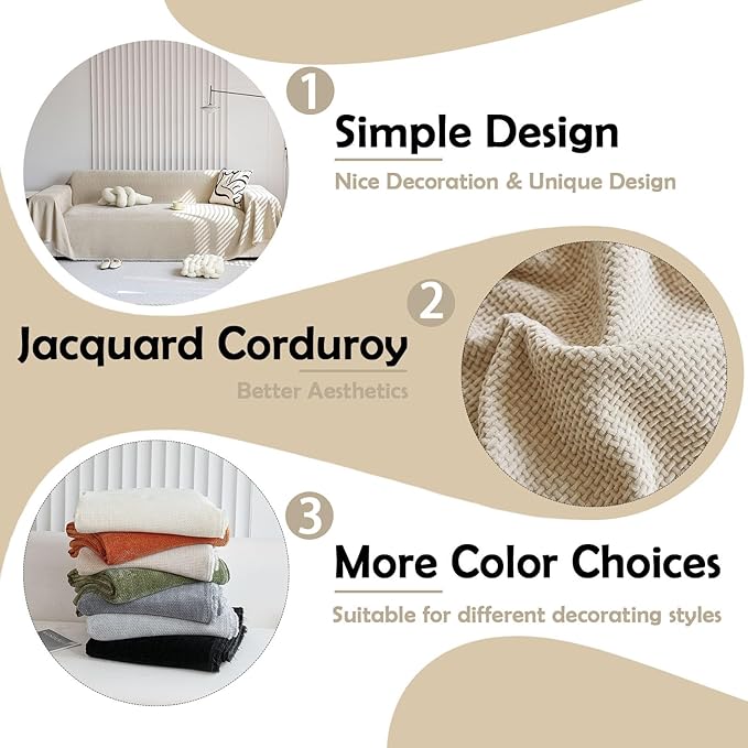 HANDONTIME Corduroy Sofa Covers for Kids Light Khaki Couch Slipcover Jacquard Sectional Couch Covers Cozy Couch Cover Couch Protector Chenille Sofa Covers Washable Couch Protector, 71" X118"
