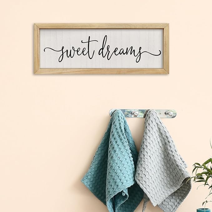 comurdyo Romantic Sweet Dreams Sign Above Over Bed Wall Decor 16"×6" Small for Modern Couples Master Bedroom Above Bed Minimalist Wood Framed Wall Art Plaque Decoration Hanging (Wood)