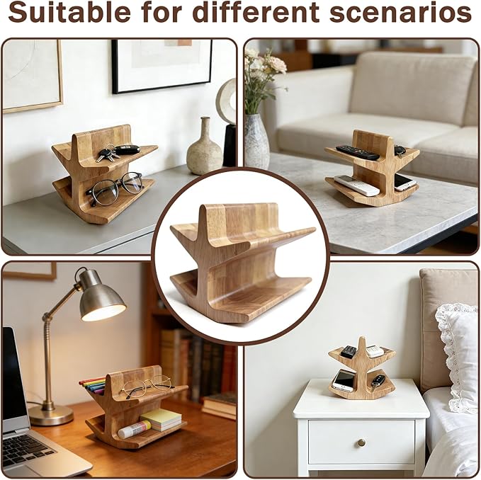 Wooden Remote Control Holder for Coffee Table & Bedside, Decorative Remote Control Holder for Eyeglass Stand, Multi-Functional Remote Caddy Organizer for Reading Glasses Storage