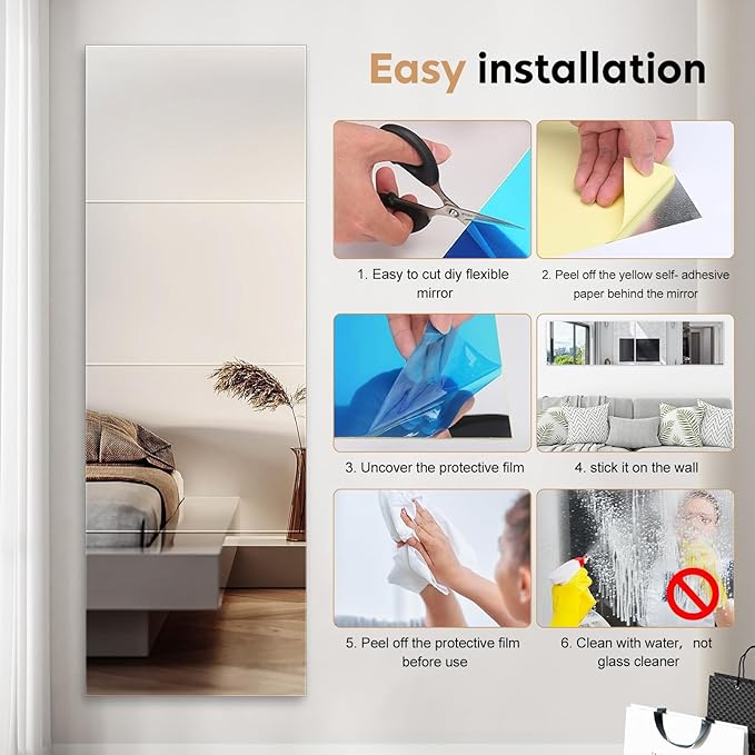 8" x 6" Acrylic Flexible Mirror Sheets, 10 Pack Self Adhesive Mirror Tiles Square Cuttable Mirror Wall Stickers, Non-Glass Mirror Stickers Safety Reflective Mirror for DIY Craft Home Wall Decor