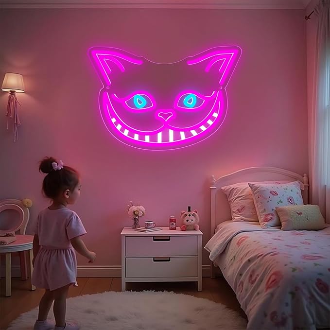 Cheshire Cat Neon Sign Alice in Wonderland Decor Light Up Sign,Smile Cat Neon Light for Wall Decor,Bedroom,Tea Party,Birthday Gifts,Bar Home Dorm Decorations