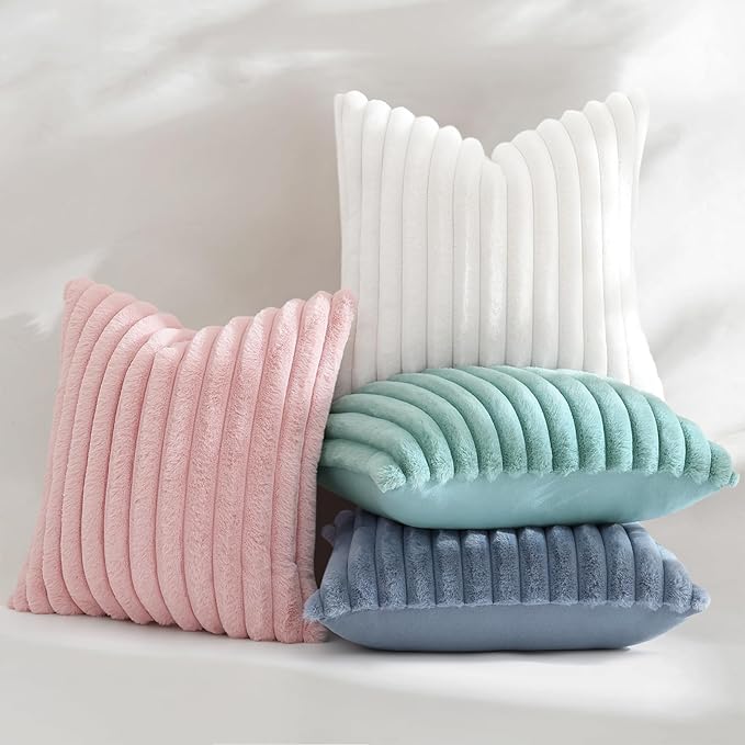 decorUhome Summer Cozy Faux Fur Throw Pillow Covers 22x22 Set of 2 Decorative Soft Plush Striped Modern Farmhouse Boho Couch Euro Sham Pillow Cases with Velvet Back for Sofa Bed Living Room, Aqua