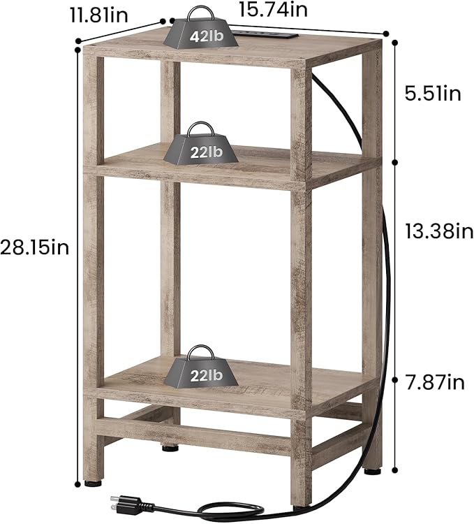 3 Tier Tall Side Table with Fast Charging Station, Narrow End Table for Small Space, Skinny Nightstand with Type C and USB Port, End Tables for Living Room, Bedroom, Office, Greige