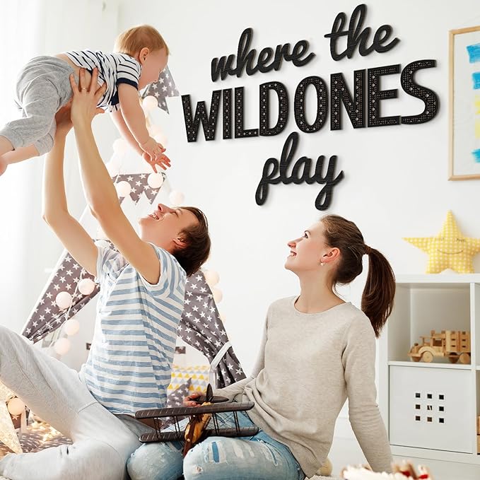 Where the Wild Ones Play Nursery Sign Wooden Playroom Wall Decor Playroom Decoration Word Play Room Sign for Wall Plaques(40 Inch,Black)