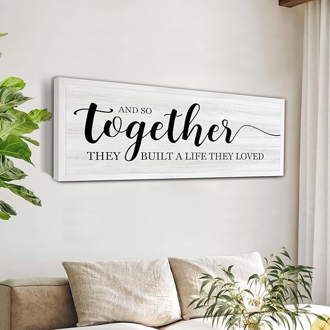 And So Together They Built A Life They Loved Decorative Rustic Sign & Plaque Framed Wall Art for Couples, 40''×15'' Vintage Horizontal Wooden Wall Decor Above Bed, Farmhouse Wedding Gift