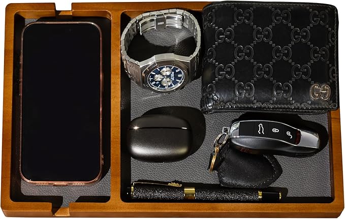 Shinpuru Wooden Valet Tray with Leather Inlay - Nightstand & Desk Organizer - EDC Essentials Catchall Tray for Keys, Phone, Wallet, Watch, Earbuds - Stylish Storage (Wood-Phone)