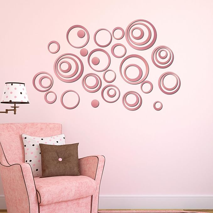 Outus 72 Pieces Acrylic Circle Mirror Wall Sticker Round Wall Decor Decals Removable DIY Adhesive for Living Room Bedroom Home Decoration (Pink)