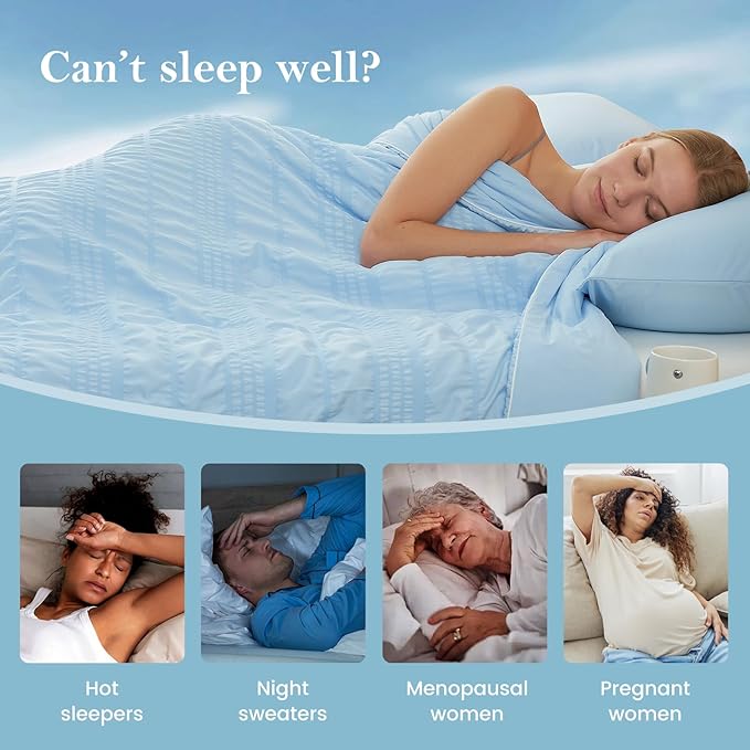 Cozy Bliss Seersucker Cooling Comforter Twin Size, Q-Max 0.45 Reversible Lightweight Cooling Blanket, Breathable Silk Smooth Summer Bedding Quilt for Hot Sleepers Night Sweats Cold Blue