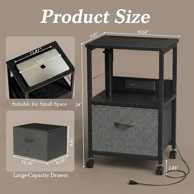 360° Swivel Nightstand with Height Adjustable, Lift Top Bedside Table with Charging Station, Rolling Night Stand with Fabric Drawer, End Table with Wheels, for Bedroom, Living Room, Black Gray