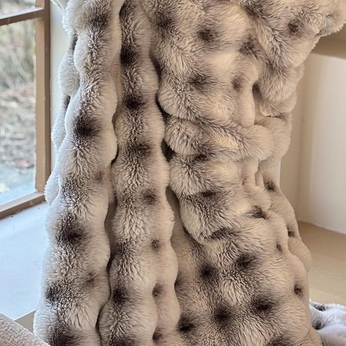 Luxury 1000GSM Throw Blanket, 50x60 Inches, Ultra Soft Double-Sided 3D Bubble Textured Faux Rabbit Fur, Frosted Brown & White, Reversible High-Density Plush Warm Blanket for Sofa & Bed