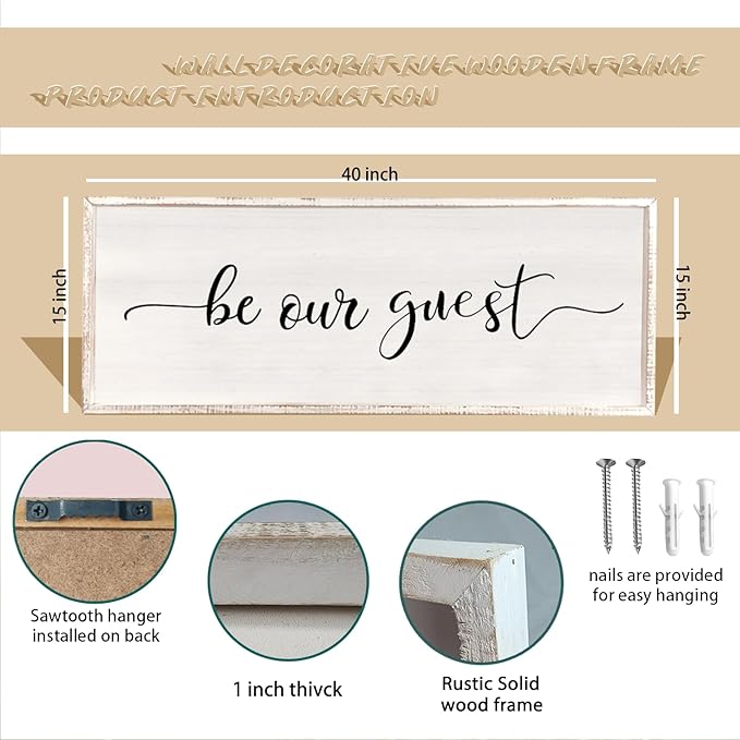 comurdyo Be Our Guest Wall Decor Sign 40”X15” Large Master Bedroom Above Bed Wall Decor Wood Framed Guest Room Sign Simple Rustic Farmhouse Over Bed Bedside Wall Art (White)
