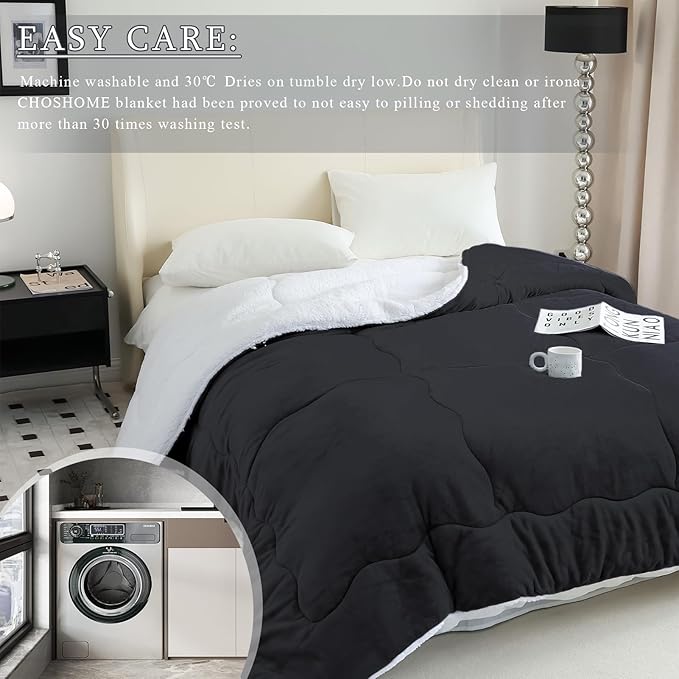 CHOSHOME Sherpa Fleece Blanket- Thick Warm Blanket for Winter, Soft Fuzzy Plush Blanket for Bed, Couch, Travel (Black, Queen 90" x 90")