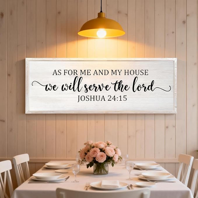 As For Me And My House We Will Serve The Lord Framed Wall Art, 40''×15'' Positive Religious Rustic Bible Verse for Christian God Jesus Christ Prayer, Vintage Horizontal Holy Catholic Scripture Decor
