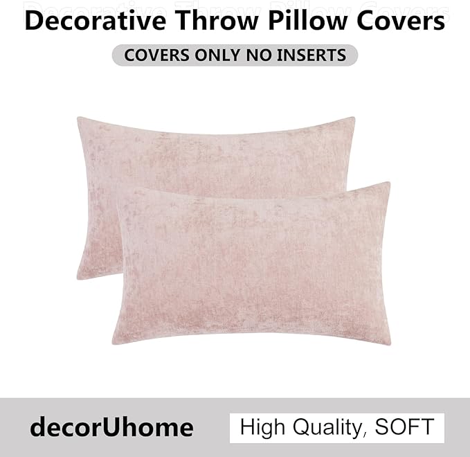 decorUhome Chenille Blush Pink Summer Throw Pillow Covers 12x20 Inch Set of 2, Decorative Soft Couch Pillow Covers Solid Dyed Accent Farmhouse Neutral Rectangle Pillow Cases for Sofa