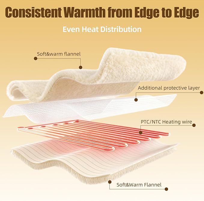 Heated Blanket Throw 50" x 60" Soft Ribbed Faux Fur Flannel Fast Heating 12 Heat Levels 1–12H Timer & Overheat Protection & Auto Shut-Off & ETL FCC & Machine Washable Heated Throw