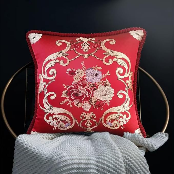 SZHELEJIAM Pillow Covers 18x18 Set of 2, Jacquard Vintage Embroidered Thow Pillow Cove,for Decorating Living Room Sofas, Beds, Chairs, and Recliners Cushion Cases Red