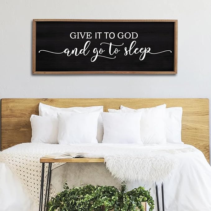 Give It To God And Go To Sleep Sign Wall Decor 40"X15" Master Bedroom Above Bed Large Farmhouse Wall Decor Wood Rustic Framed Over Bed Wall Art Hanging Decoration(Wood Black)