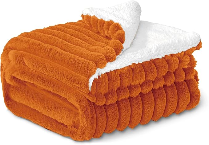 INFIIXSO Sherpa Throw Blanket for Couch - Super Soft & Warm Striped Fleece Blanket, Cozy Plush Fluffy Blanket All Season Use (Burnt Orange, 50x60 Inches)