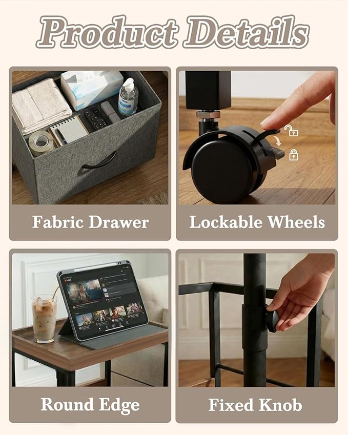 Swivel Lift Top Nightstand with Charging Station, Vacuum Forming Adjustable Bedside Table, Rolling Night Stand with Wheels, Small End Table with Fabric Drawer, for Bedroom, Living Room, Walnut Gray