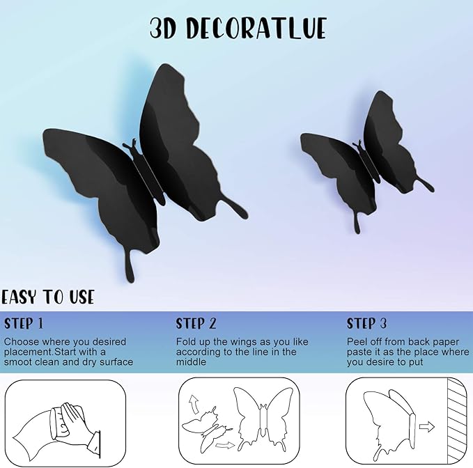 BBTO 48 Pieces Butterfly Wall Decor DIY 3D Mirror Butterfly Stickers Removable Decals Crafts for Birthday Party Bedroom School Bathroom Living Room Decor(Black)