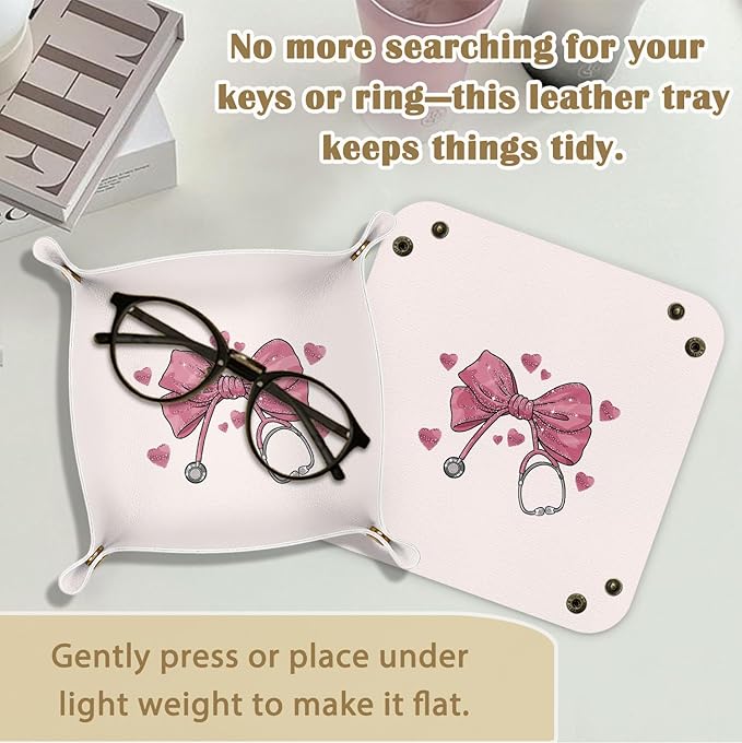 Nurse Gift Appreciation, Pink Bow Nursing Gifts for Student or Practitioner PU Leather Catchall Tray,for Nurse Week or Day, Jewelry, Keys, Watch, and Accessories Organizer 7.87x7.87in