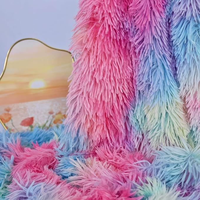 Plush Super Soft Blanket Bedding Sofa Cover Furry Fuzzy Fur Warm Throw Qulit Cozy Couch Blanket for Winter (63"x79",Dark Rainbow)
