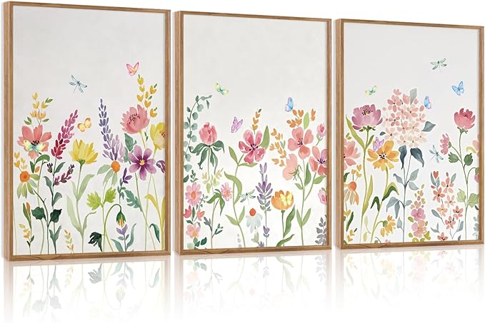 CHDITB Wildflower Framed Canvas Wall Art Set Of 3,Flower Artwork Modern Floral Wall Decor, Watercolor Nature Wall Painting, Minimalist Butterfly Art Prints For Bedroom Living Room Office Decor-12”X16”