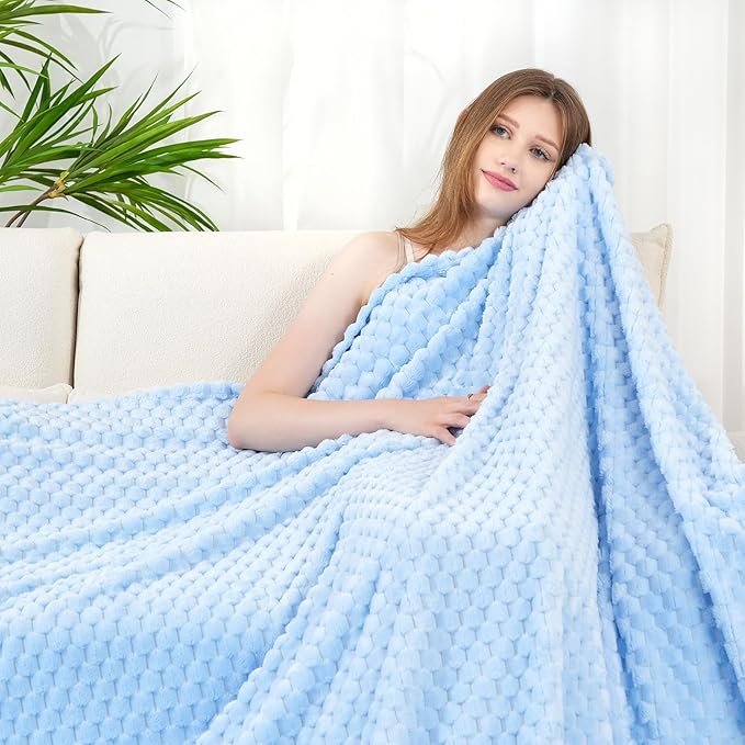 Zyrah Blue Fleece Twin for Couch Super Soft Twin Blanket 3D Imitation Turtle Shell Jacquard Decorative Cozy Blankets for Sofa Chair Bed 60x80 Inches