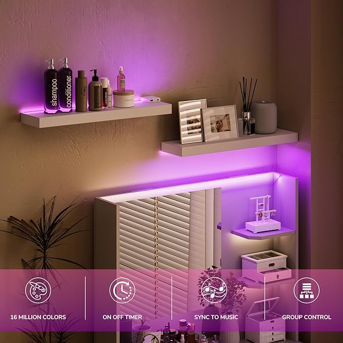 BAMEOS Floating Shelves with RGB LED for Wall, Sturdy Shelves with Light, Wall Mounted Display Shelves, Set of 2, Hanging Shelf for Bathroom, Bedroom, Kitchen, Living Room Storage, White