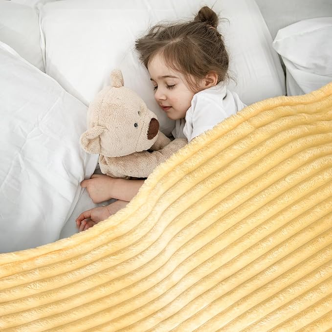 Vessia Flannel Fleece Throw Blanket for Couch,Sofa,Bed, 300GSM Striped Light Yellow Throw Blanket for Kids, Super Soft Warm Cozy Lightweight Home Decor for All-Season(50x40inch)