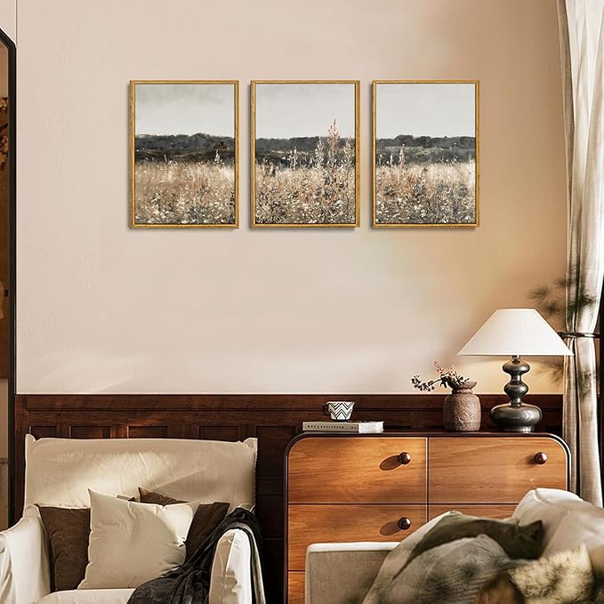 Wodkwq 3 Piece Vintage Landscape Canvas Wall Art Framed,Above Bed Wall Art,Farmhouse decor,Neutral Minimalist Wall Painting,Wildflower Art Prints For Living Room,Bedroom,Office 12x16in