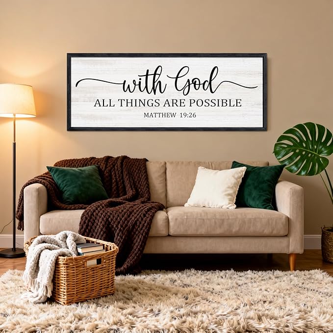With God All Things are Possible Framed Wall Art, 40''×15'' Black Positive Religious Rustic Bible Verse for Christian God Jesus Christ Prayer, Holy Horizontal Inspirational Catholic Scripture Decor